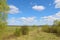 Spring landscape with a wide field, forests, blue sky