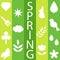 Spring. Lettering and flat drawings of plants and animals on a striped background. Neo geo style