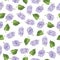 Spring lilac bush flowers and green leaves pattern. Watercolor.