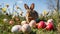 Spring Meadow Bliss. Adorable Rabbit Amidst Dew-Drenched Grass, Easter Eggs, and Azure Sky