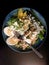 Spring meal: quinoa, avocado, asparagus, egg, peas, pea shoots