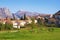 Spring Mediterranean landscape. Montenegro, view of Prcanj town and snow-capped mountains of Lovcen