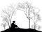 Spring melody, silhouette of the boy sitting on the hill lawn and playing on reed pipe, black and white,