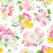 Spring mixed bouquets of pink hydrangea, protea, white poppy, dahlia, orchid, daffodil and bright green plants seamless vector des