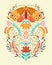 Spring motifs in folk art style. Colorful flat vector illustration with moth, flowers, floral elements and moon