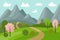 Spring mountain landscape with flowering trees. Cartoon panorama of spring nature, road and meadow.