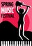 Spring music festival text with female musician holding a guitar icon against pink background