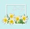 Spring narcissus flowers frame Vector realistic. Delicate card bouquet. Spring message texts