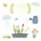 Spring natural floral symbols with blossom gardening tools beauty design and nature grass season branch springtime hand