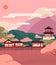 Spring nature in Asia: mountains, sakura tree blossom, tea plantations on hills. Old Japanese buildings, pagoda on lake
