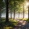 Spring nature background with sun beam green landscape with sunshine Sunny forest early in the morning made with