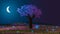 Spring. Night landscape. Blooming tree on a hill with flowers and glowworms.
