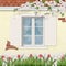Spring old facade wooden window branch tulips