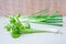 spring onion on wooden table