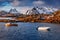 Spring over polar circle. Dramatic view of Lofoten Islands with Nonstinden mount on background.