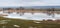 Spring panorama of a calm river. Melting ice on the river