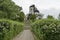 Spring panorama of a part of a residential district neighborhood with a church with modern architecture and belfry