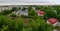 Spring panorama of a residential quarter overlooking a public high school building.