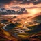 Spring Panorama at Sunset, A Spectacular Landscape Bathed in Golden Twilight. Generative ai for illustrations