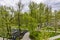 Spring park with stone walkways and benches Moscow on a spring day with clouds.