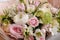 Spring pastel bouquet closeup. Roses. Wedding bouquet. Florist.  Flower shop