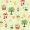 Spring pattern with cute elements - cherry blossom, easter egg basket, house, bees and flowers. Vector illustration in