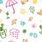 Spring pattern with doodle elements. Hand drawn icon bird, umbrella, birdhouse, flowerpot, rubberboot, su, easter egg