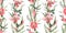 Spring pattern with pink lilies and green leaves arranged in vertical stripes. Great for wall papers, textiles, decor, fabrics,