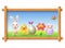 Spring photo with happy characters - bunny, chicken, flower, sheep bee-eater bird and butterfly celebrate Easter around egg - land