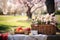 Spring picnic setup mockup with a woven basket, sandwiches
