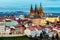 Spring Prague panorama from Prague Hill with Prague Castle, Vlta