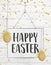 Spring quotes handwritten text happy easter with golden confetti en realistic decorative eggs hanging on a rope