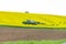 spring rapeseed field with fertilizing tractor