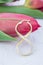 Spring, red tulips and a golden infinity sign on a white background