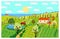 Spring rural landscape farm house, green fields, hills, blooming trees. Countryside panoramic nature, barn, tractor