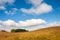 Spring rural landscape. Golden grass, blue sky and heap beautiful clouds.