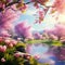 Spring's Delight: River Running through Blossoming Pink Trees in a Serene Landscape