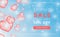 Spring sale banner with ballon hearts on romantic blue light background. Vector poster for spring sale with discount- 50