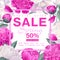 Spring sale banner with beautiful flowers. Vector illustration template. Background with peonies flowers