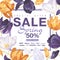 Spring sale banner template with white yellow and purple tulips and petals.