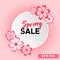 Spring Sale day! Take up to 50% off. Vector lettering illustration with flowers on pink background.