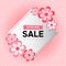 Spring Sale day! Take up to 50% off. Vector lettering isolated illustration with flowers on pink background