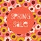 Spring sale poster vector template with colorful floral background. Coral, gold, beige Scandinavian doodle flowers square banner.