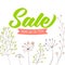 Spring sale vector banner design. Green text on