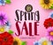 Spring sale vector banner design with text and colorful flowers like daisy