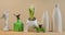 Spring Scandinavian cozy home decor: white vases, white hyacinth and bird figurines