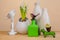 Spring Scandinavian cozy home decor: white vases, white hyacinth and bird figurines