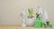 Spring Scandinavian cozy home decor: white vases, white hyacinth and bird figurines