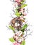 Spring seamless border - nest, eggs, flowers, branches, spring leaves. Watercolor