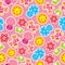 Spring seamless pattern with cute butterfly, mushroom, and flower cartoon on pink background